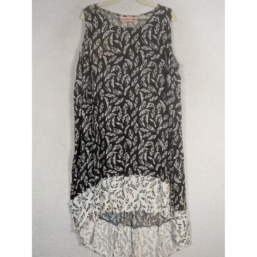 EVRI Dress Women's 2X Black White Feather Print High-Low Sleeveless Scoop Neck